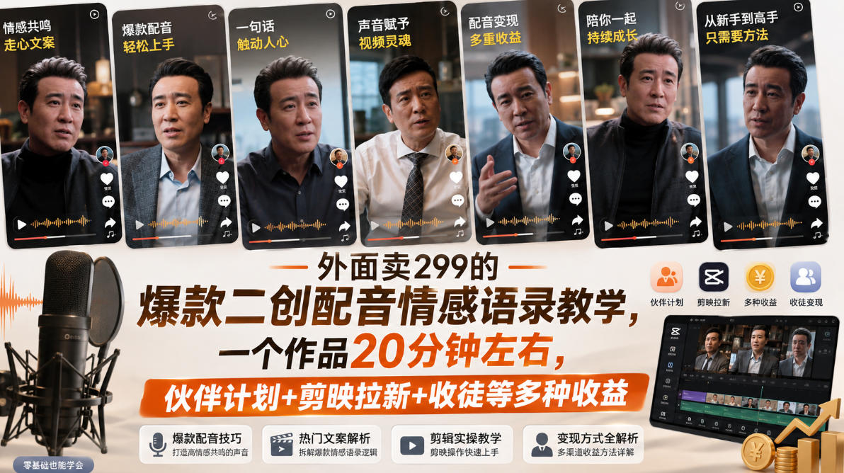 外面卖299的爆款二创配音情感语录教学，一个作品20分钟左右，伙伴计划+剪映拉新+收徒等多种收益-怪兽网创俱乐部