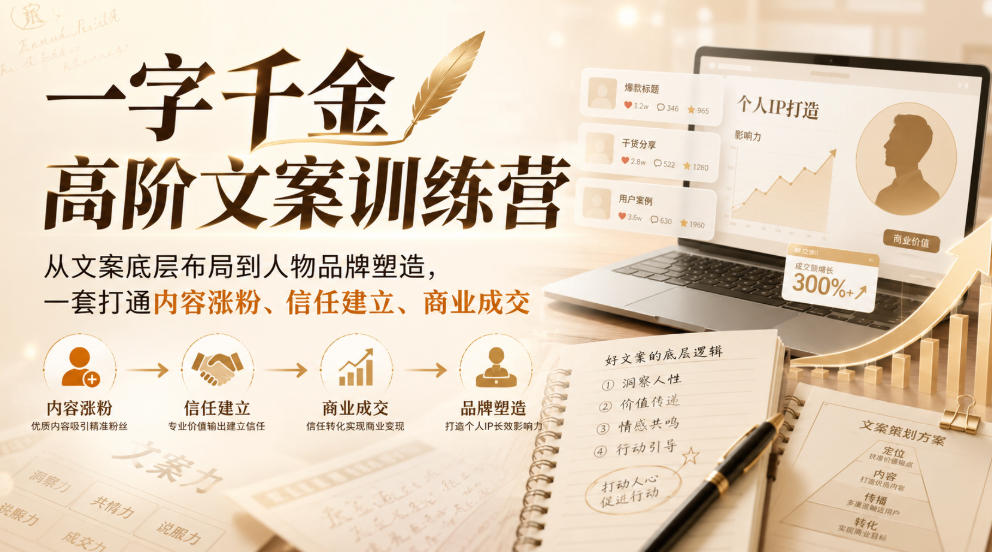 一字千金高阶文案训练营，从文案底层布局到人物品牌塑造，一套打通内容涨粉、信任建立、商业成交-怪兽网创俱乐部