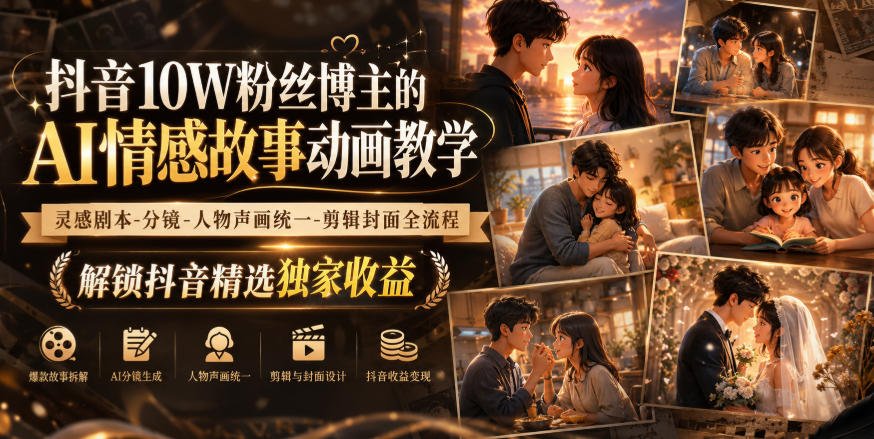 抖音10W粉丝博主的AI情感故事动画教学，灵感剧本‑分镜‑人物声画统一‑剪辑封面全流程，解锁抖音精选独家收益-怪兽网创俱乐部