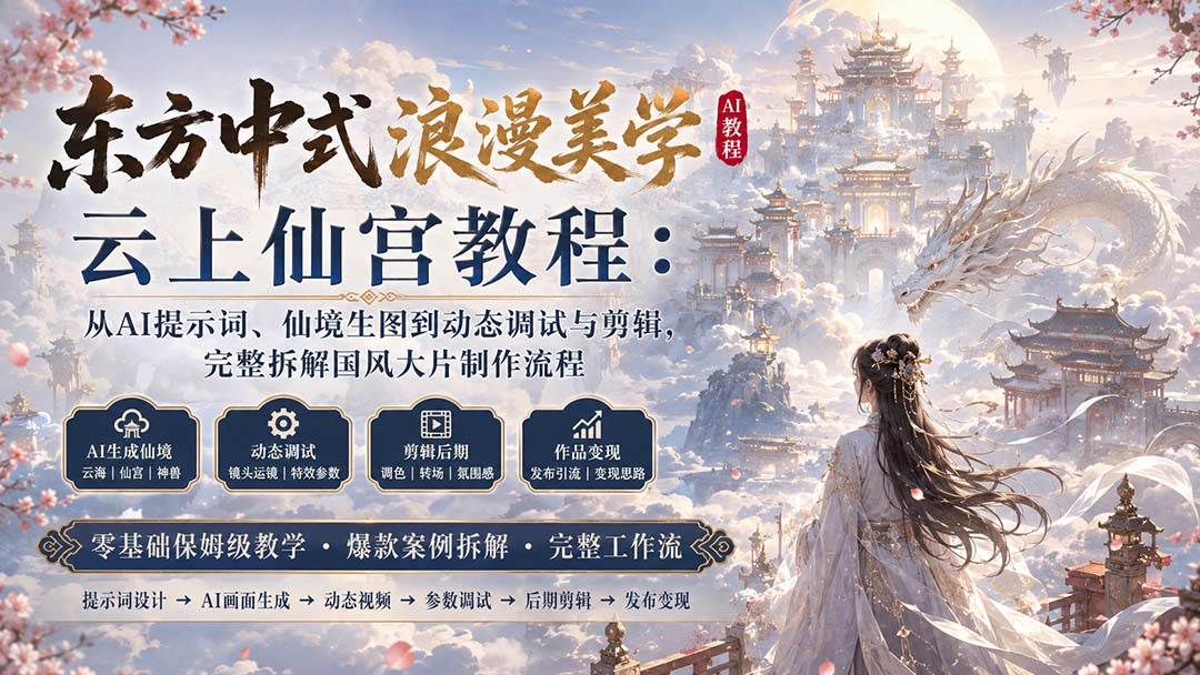 （20147期）东方中式浪漫美学云上仙宫教程：从AI提示词、仙境生图到动态调试与剪辑，完整拆解国风大片制作流程-怪兽网创俱乐部