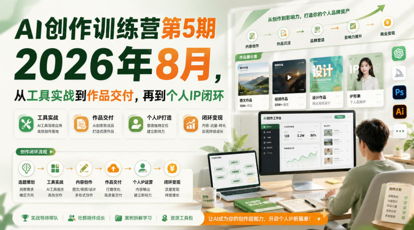 AI创作训练营第5期2026年8月，从工具实战到作品交付，再到个人IP闭环-网创在线