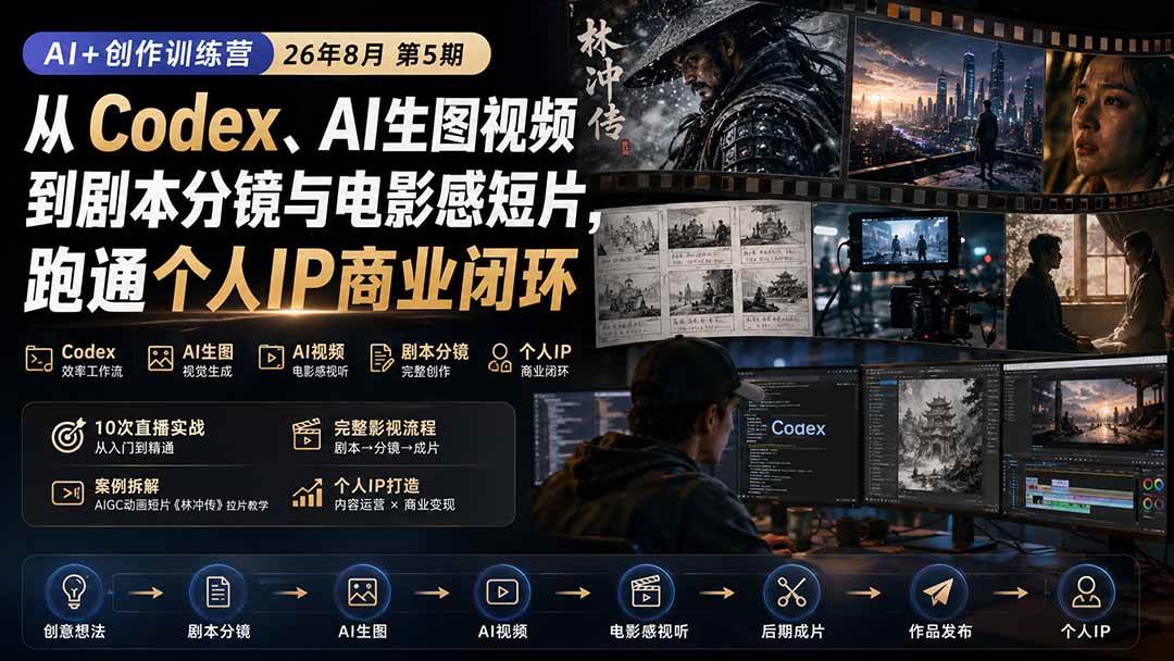 （20145期）AI+创作训练营26年8月第5期：从Codex、AI生图视频到剧本分镜与电影感短片，跑通个人IP商业闭环-怪兽网创俱乐部