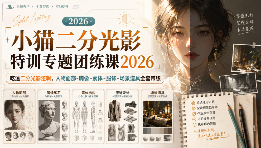 小猫二分光影特训专题团练课2026｜吃透二分光影逻辑，人物面部‑胸像‑素体‑服饰‑场景道具全套带练，高清画质附赠课件与笔刷-邪修侠 - 演示