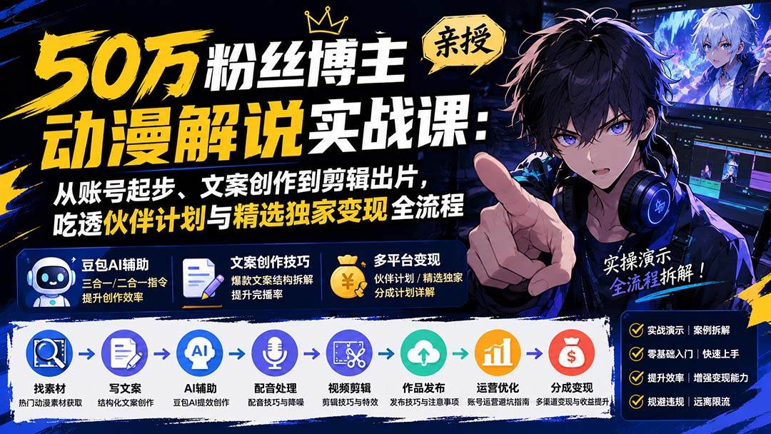 （20144期）50万粉丝博主亲授动漫解说实战课：从账号起步、文案创作到剪辑出片，吃透伙伴计划与精选独家变现全流程-怪兽网创俱乐部