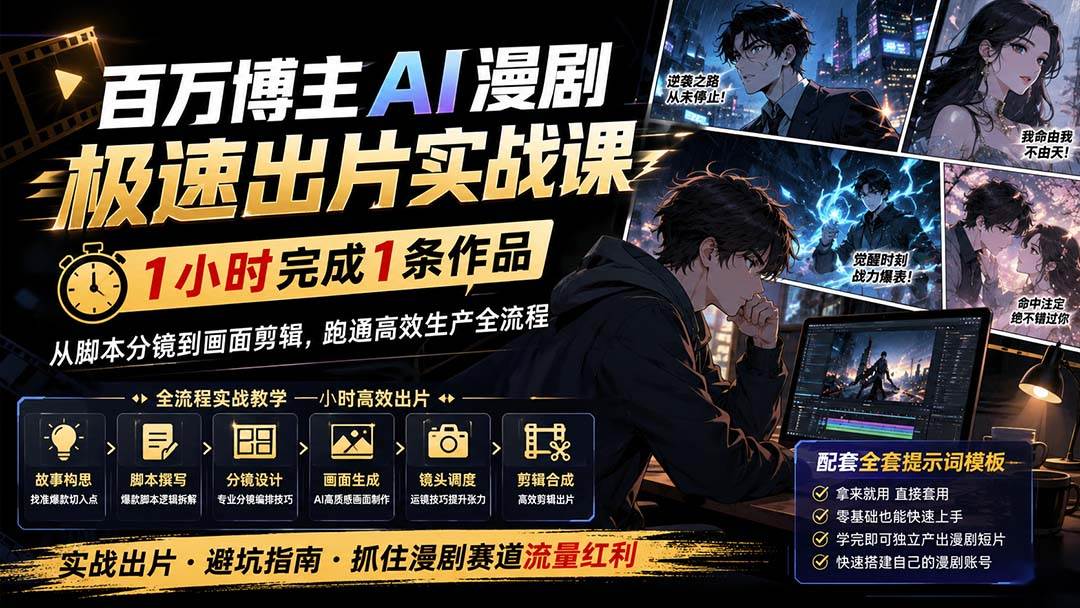 （20173期）百万博主AI漫剧极速出片实战课：1小时产出条作品，从脚本分镜到画面剪辑，跑通高效生产全流程-怪兽网创俱乐部