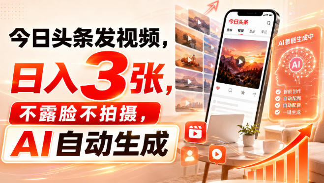 今日头条发视频，日入3张，不露脸不拍摄，AI自动生成-怪兽网创俱乐部