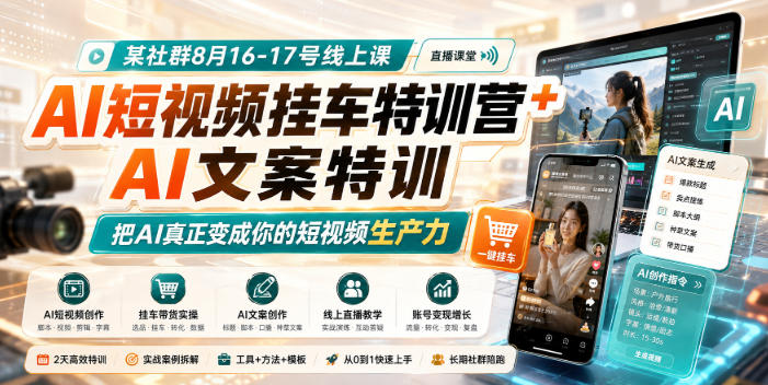 某社群8月16-17号线上课，AI短视频挂车特训营+AI文案特训，把AI真正变成你的短视频生产力-怪兽网创俱乐部