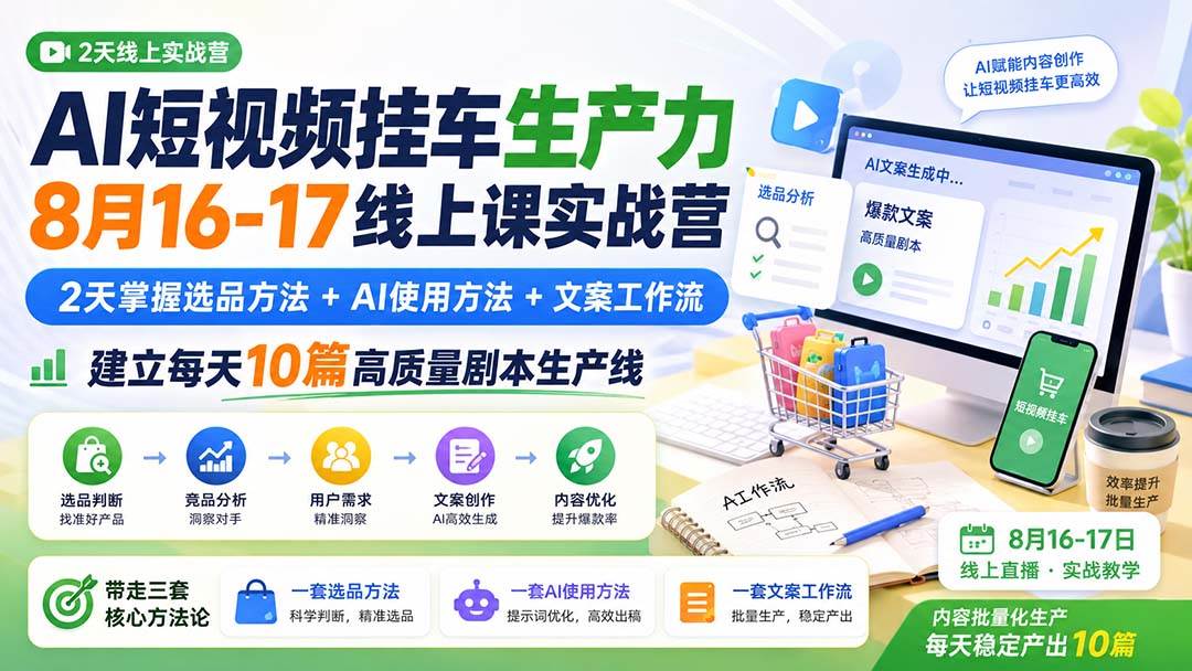 （20174期）AI短视频挂车生产力8月16-17线上课实战营：2天掌握选品方法+AI使用方法+文案工作流，建立每天10篇高质量剧本生产线-怪兽网创俱乐部