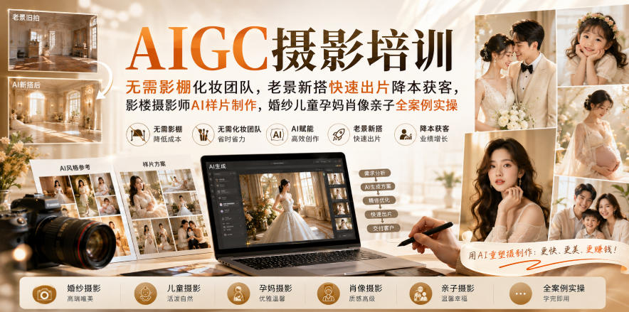 AIGC摄影培训｜无需影棚化妆团队，老景新搭快速出片降本获客，影楼摄影师AI样片制作，婚纱儿童孕妈肖像亲子全案例实操-怪兽网创俱乐部