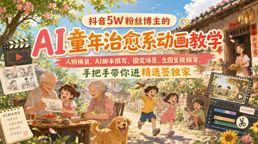 抖音5W粉丝博主的AI童年治愈系动画教学,人物换装、AI脚本撰写、固定场景、生图生视频等,手把手带你进精选签独家-邪修侠 - 演示