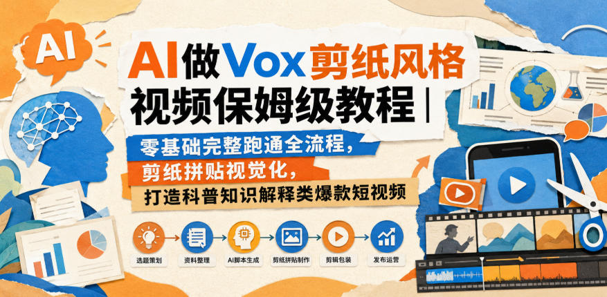AI做Vox剪纸风格视频保姆级教程｜零基础完整跑通全流程，剪纸拼贴视觉化，打造科普知识解释类爆款短视频-怪兽网创俱乐部