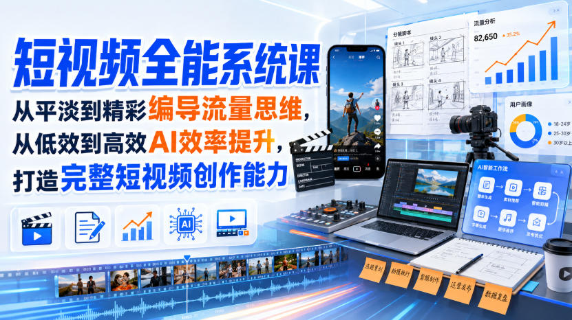 短视频全能系统课，从平淡到精彩编导流量思维，从低效到高效AI效率提升，打造完整短视频创作能力（2026年8月30更新233集）-怪兽网创俱乐部