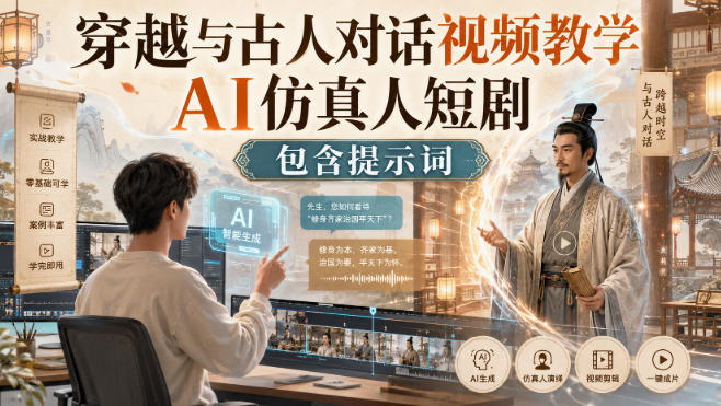 穿越与古人对话视频教学，AI仿真人短剧，包含提示词-怪兽网创俱乐部