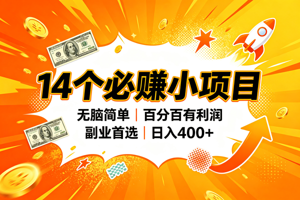 (20196期)14个必赚的小项目,无脑简单,百分百赚米,副业的首选,日入400+-网创百晓生