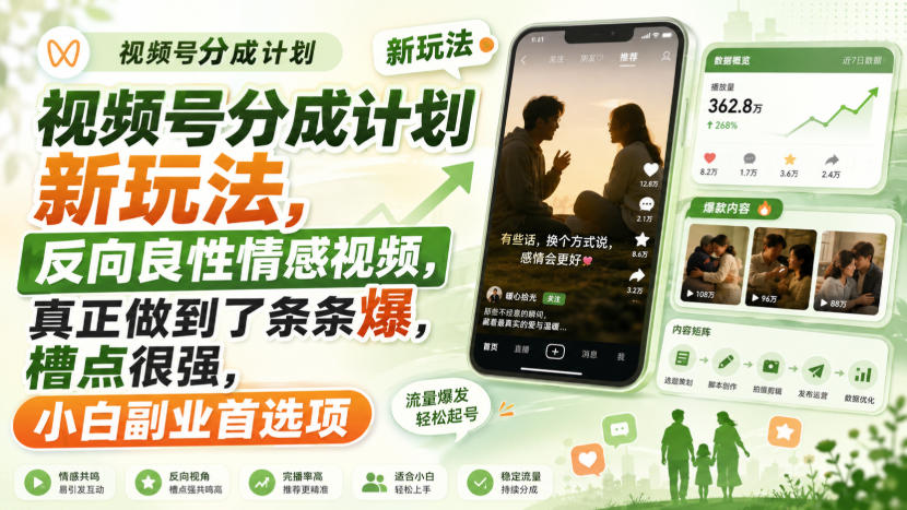 视频号分成计划新玩法,反向良性情感视频,真正做到了条条爆,槽点很强,小白副业首选项-网创百晓生