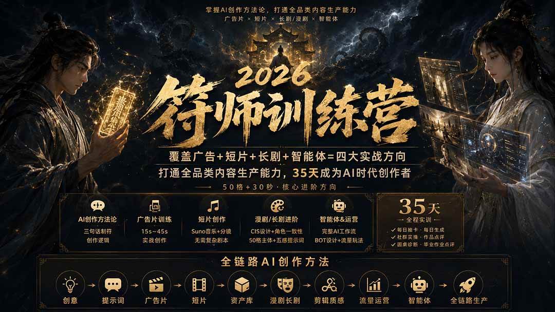 (20179期)符师训练营-35天成为AI时代创作者,广告+短片+漫剧+智能体四大实战方向,掌握从创意到上线的完整工作流 (20179期)符师训练营-35天成为AI时代创作者,广告+短片+漫剧+智能体四大实战方向,掌握从创意到上线的完整工作流