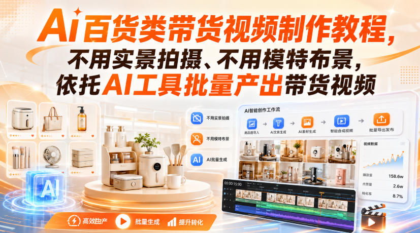 Ai百货类带货视频制作教程,不用实景拍摄、不用模特布景,依托AI工具批量产出带货视频-网创百晓生
