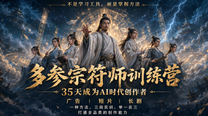 多参宗符师训练营,35天成为AI时代创作者,广告|短片|长剧,一种方法,三段实训,举一反三,打通全品类的创作能力-90网