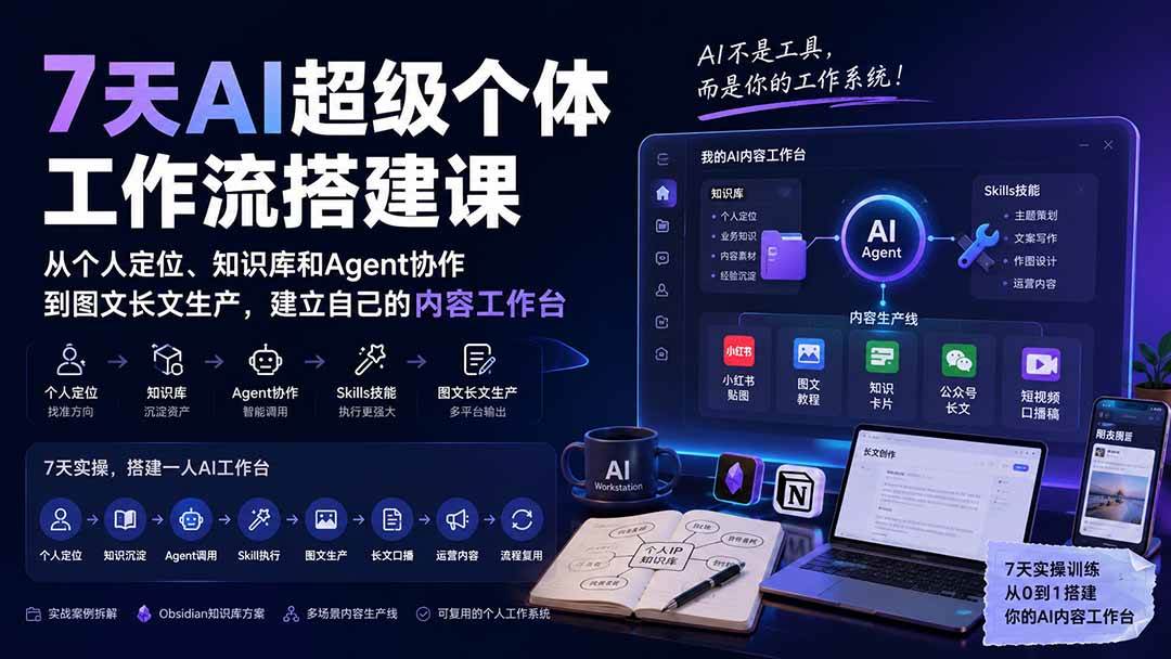 （20190期）7天AI超级个体工作流搭建课：从个人定位、知识库和Agent协作到图文长文生产，建立自己的内容工作台-怪兽网创俱乐部