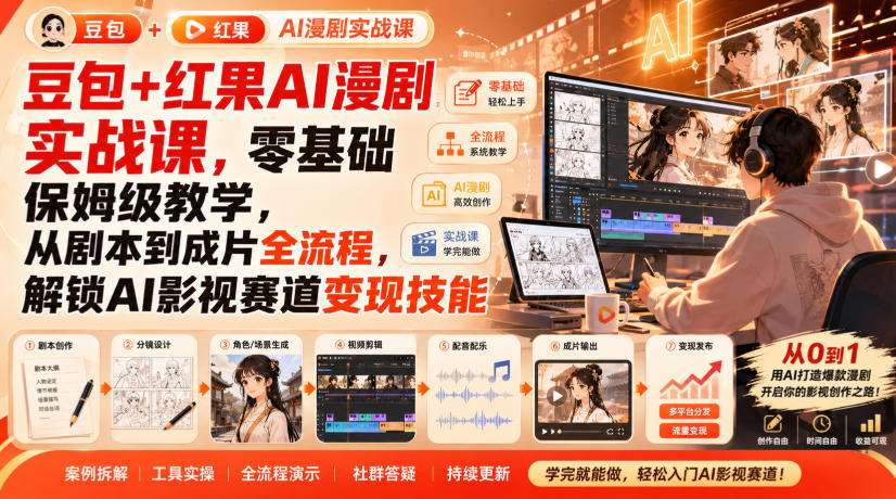 豆包+红果AI漫剧实战课,零基础保姆级教学,从剧本到成片全流程,解锁AI影视赛道变现技能-网创百晓生