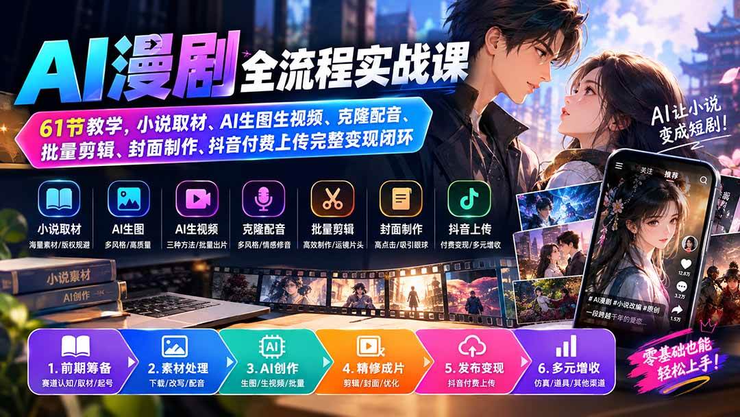 （20199期）AI漫剧全流程实战课｜61节教学，小说取材、AI生图生视频、克隆配音、批量剪辑、封面制作、抖音付费上传完整变现闭环-多课资源站