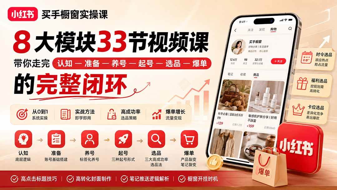 （20317期）小红书买手橱窗实操课：8大模块33节视频课，带你走完”认知—准备—养号—起号—选品—爆单”的完整闭环-网创百晓生