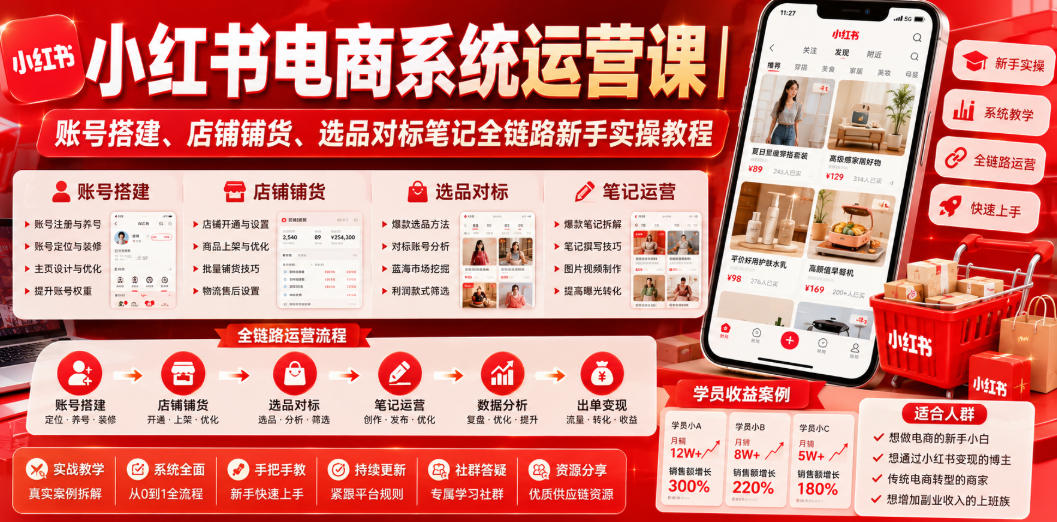 小红书电商系统运营课|账号搭建、店铺铺货、选品对标笔记全链路新手实操教程-网创百晓生
