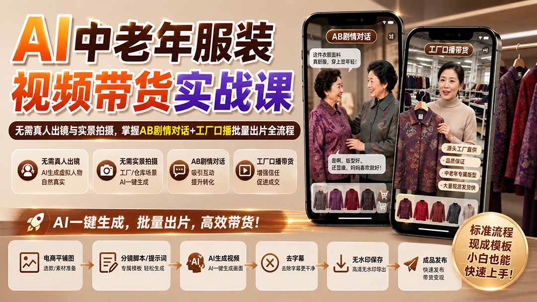 （20198期）AI中老年服装视频带货实战课：无需真人出镜与实景拍摄，掌握AB剧情对话+工厂口播批量出片全流程-怪兽网创俱乐部