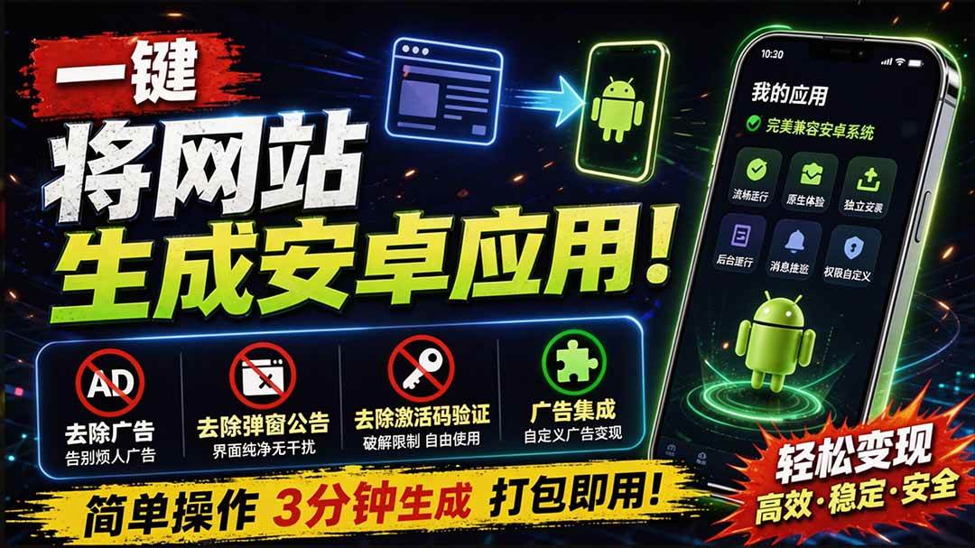 （20305期）目前最好用，一键将网站生成安卓应用！支持去除广告、弹窗公告、激活码验证、广告集成等 web-to-app-多课资源站