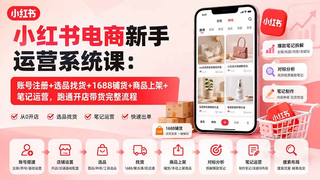 （20319期）小红书电商新手运营系统课：账号注册+选品找货+1688铺货+商品上架+笔记运营，跑通开店带货完整流程-网创百晓生