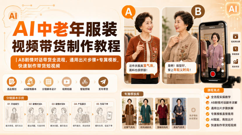 AI中老年服装视频带货制作教程|AB剧情对话带货全流程,通用出片步骤+专属模板,快速制作带货短视频-网创百晓生