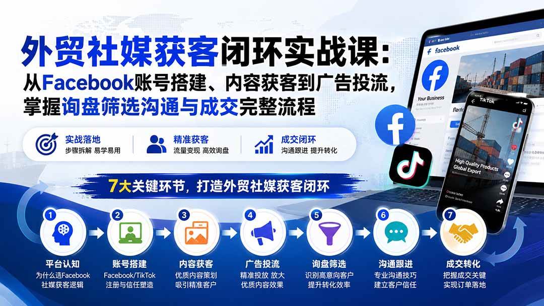 (20318期)外贸社媒获客闭环实战课:从Facebook账号搭建、内容获客到广告投流,掌握询盘筛选沟通与成交完整流程-网创百晓生