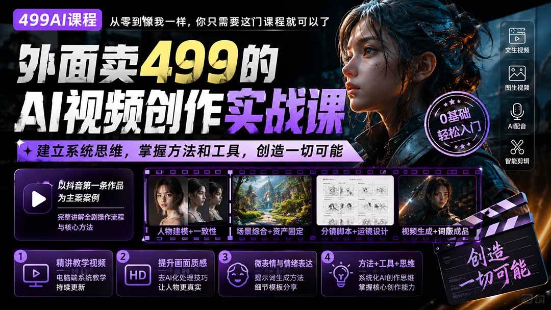 （20307期）外面卖499的AI视频创作实战课：建立系统思维，掌握方法和工具，创造一切可能。-多课资源站