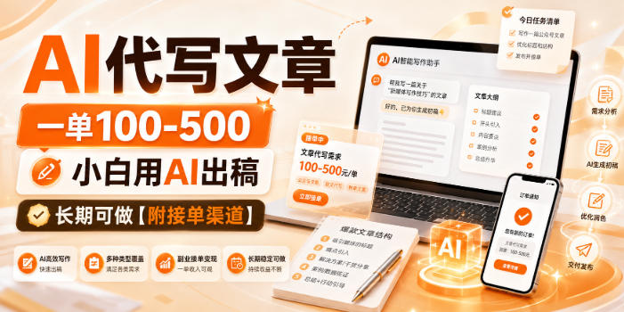 AI代写文章，一单100-500，小白用AI出稿，长期可做【附接单渠道】【揭秘】-多课资源站