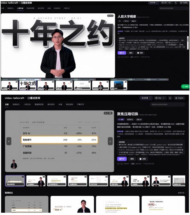 AI智能视频口播一键剪辑，轻松出效果！口播动效库Skill来了，一键给添加动态文字、数据展示等video-talkcraft