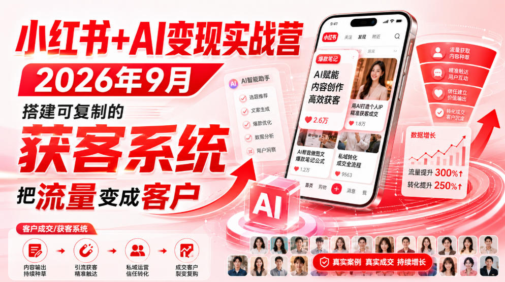 小红书+AI变现实战营2026年9月，搭建可复制的获客系统，把流量变成客户！-网创百晓生