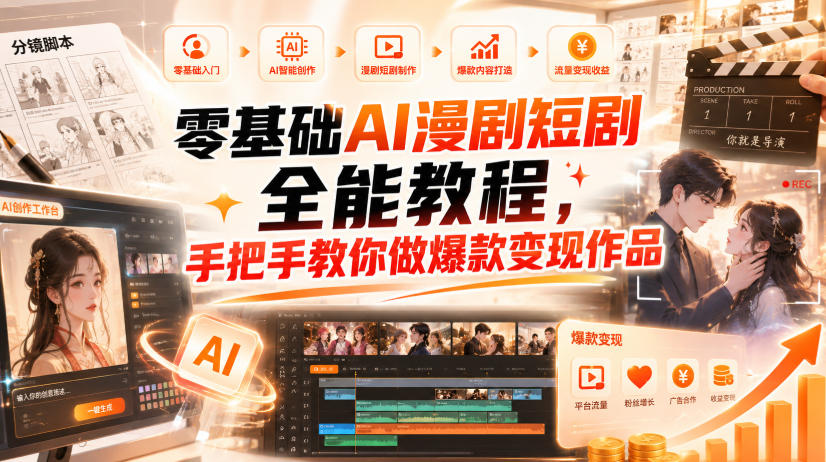 零基础AI漫剧短剧全能教程，从AI智能体搭建、文案脚本分镜、多平台AI生视频、剪映精修，覆盖全题材创作，手把手教你做爆款变现作品-怪兽网创俱乐部