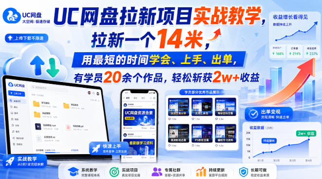 UC网盘拉新项目实战教学，拉新一个14米，用最短的时间学会、上手、出单，有学员20余个作品，轻松斩获2w+收益-怪兽网创俱乐部