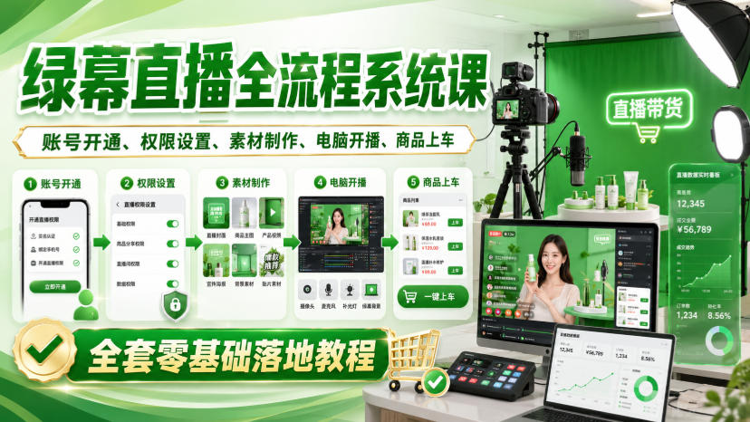 绿幕直播全流程系统课，账号开通、权限设置、素材制作、电脑开播、商品上车全套零基础落地教程-怪兽网创俱乐部