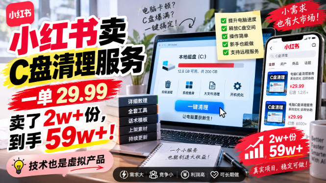小红书卖C盘清理服务,一单29.99,卖了2w+份,技术也是虚拟产品-网创百晓生