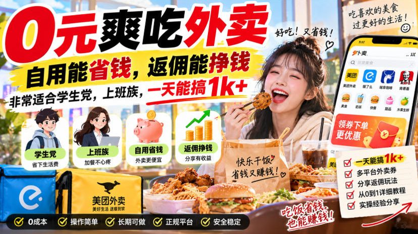 0元爽吃外卖,自用能省钱,返佣能挣钱,非常适合学生党,上班族,一天能搞1k+-网创百晓生
