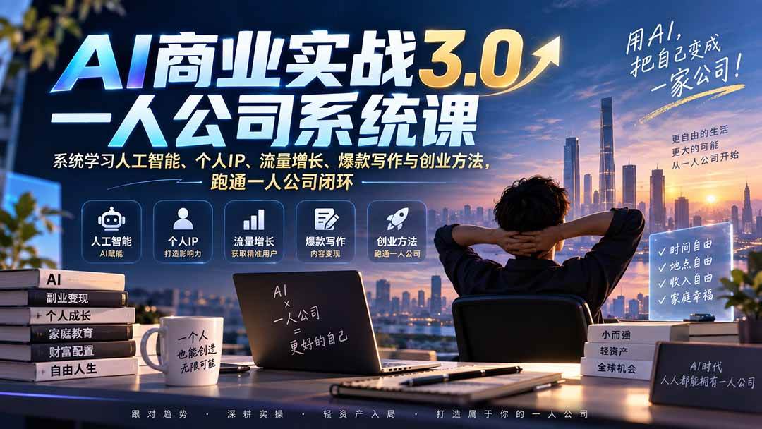 (20249期)AI商业实战3.0一人公司系统课:系统学习人工智能、个人IP、流量增长、爆款写作与创业方法,跑通一人公司闭环-网创百晓生