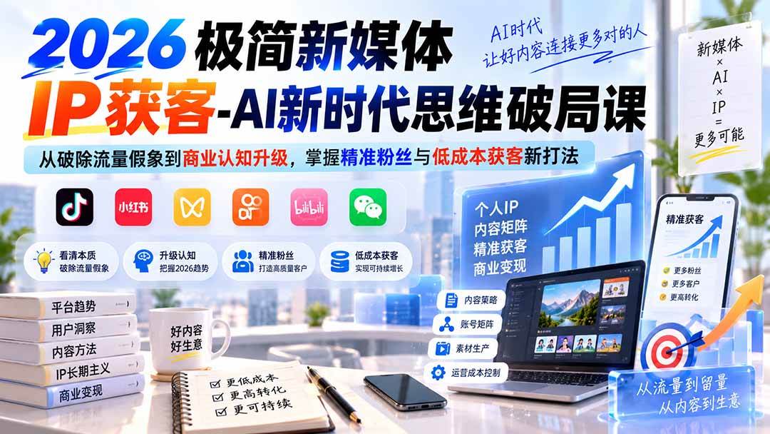 （20272期）2026极简新媒体IP获客-AI新时代思维破局课：从破除流量假象到商业认知升级，掌握精准粉丝与低成本获客新打法-怪兽网创俱乐部
