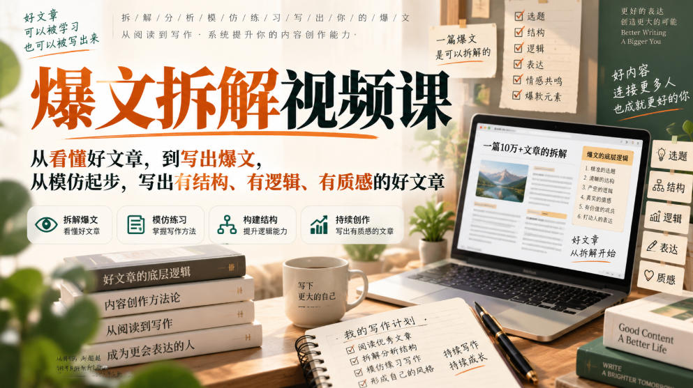 爆文拆解视频课,从看懂好文章,到写出爆文,从模仿起步,写出有结构、有逻辑、有质感的好文章-网创百晓生