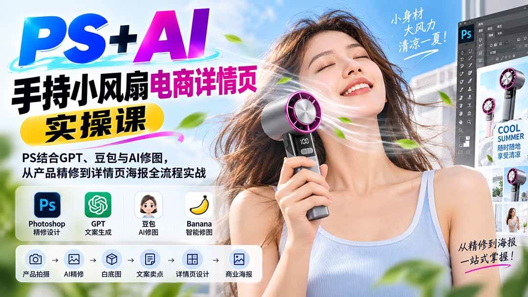 （20273期）PS+AI手持小风扇电商详情页实操课：PS结合GPT、豆包与AI修图，从产品精修到详情页海报全流程实战