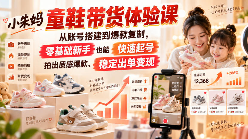 小朱妈童鞋带货体验课,从账号搭建到爆款复制,零基础新手也能快速起号、拍出质感爆款、稳定出单变现-网创百晓生