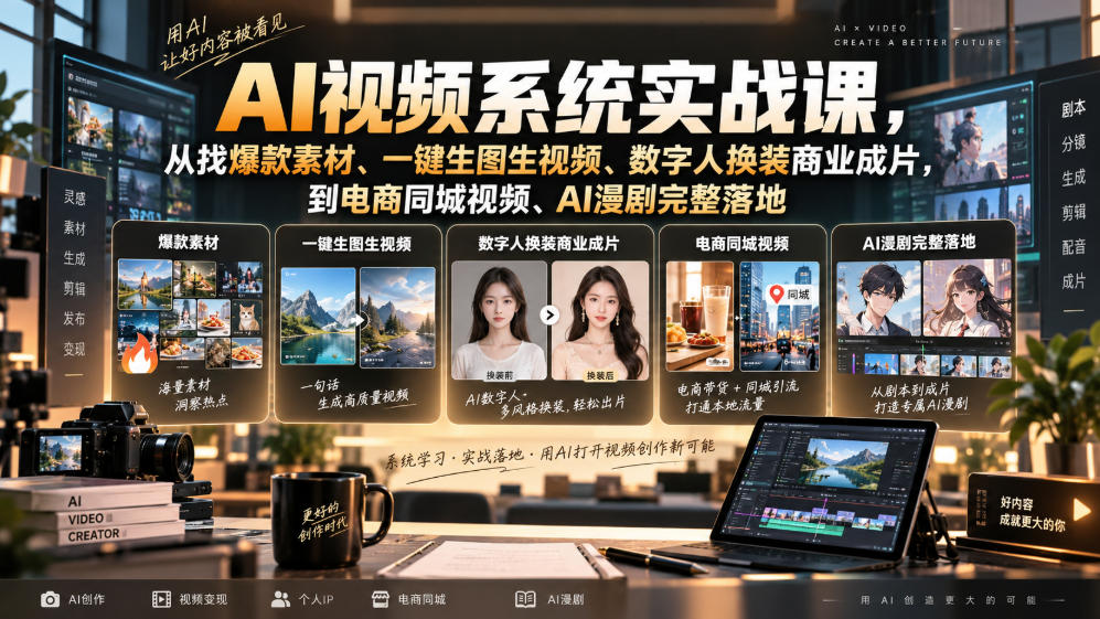 AI视频系统实战课，从找爆款素材、一键生图生视频、数字人换装商业成片，到电商同城视频、AI漫剧完整落地-怪兽网创俱乐部