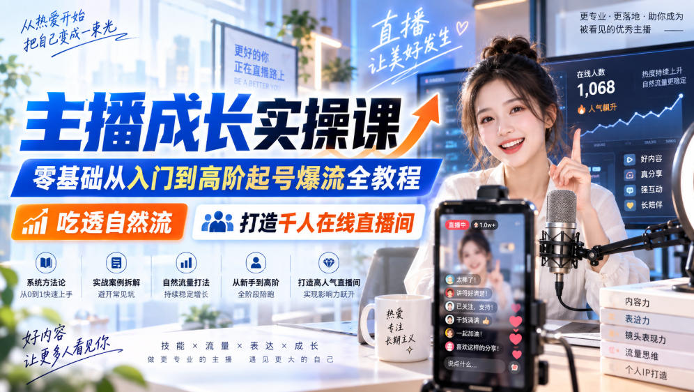 主播成长实操课|零基础从入门到高阶起号爆流全教程,吃透自然流,打造千人在线直播间-网创百晓生