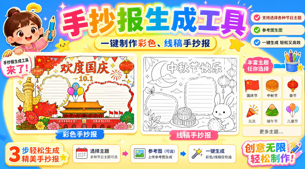 手抄报批量生成工具来了,完全免费,告别豆包生图,高清无水印-网创百晓生
