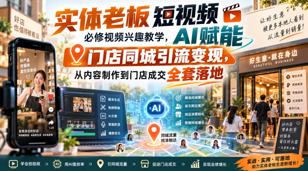 实体老板短视频必修视频兴趣教学,AI赋能门店同城引流变现,AI+短视频+直播打爆实体客流量-邪修侠